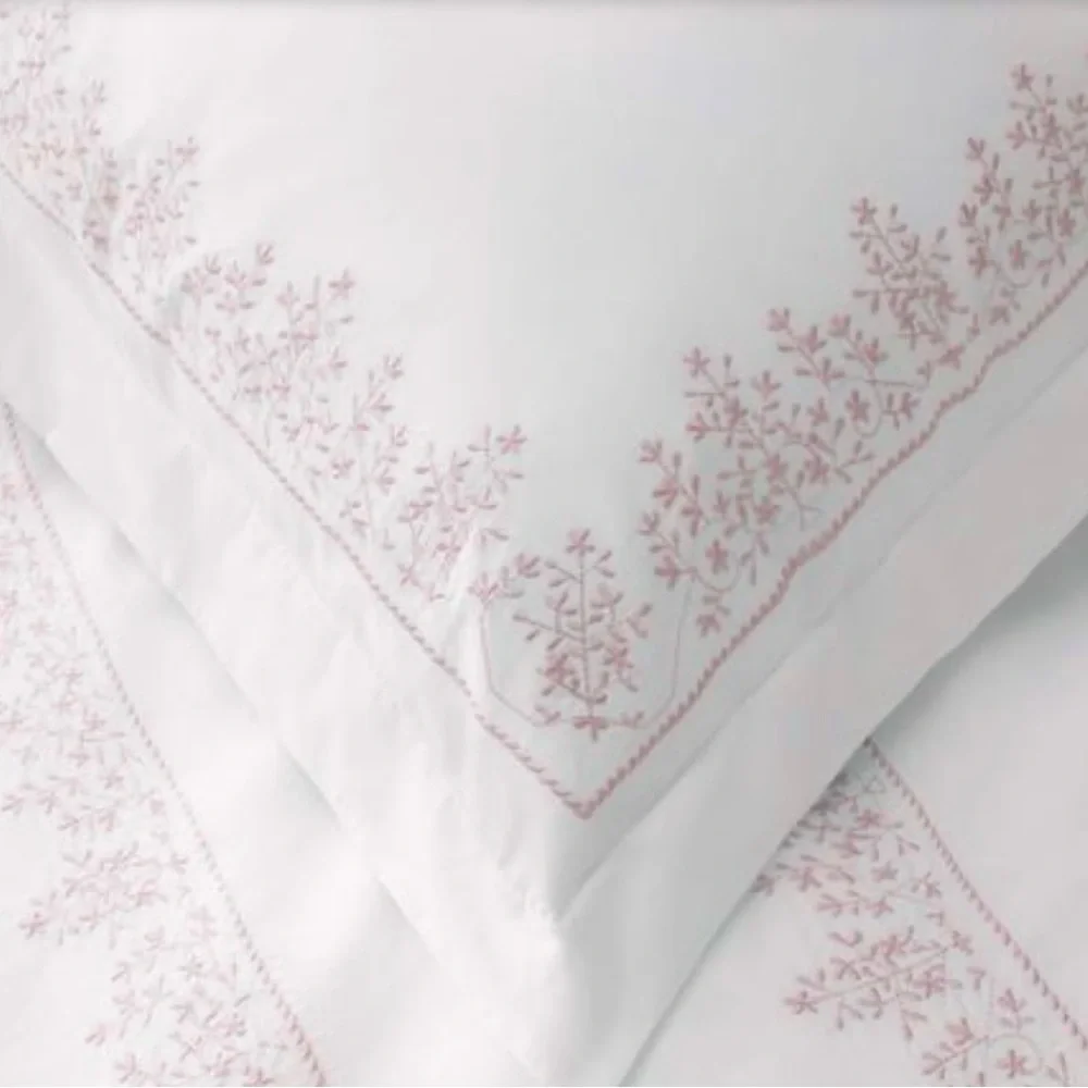 Leaf Stone Embroidery Percale Cotton Duvet Set Rose On White - King - 3 Piece - Picture 2 of 7